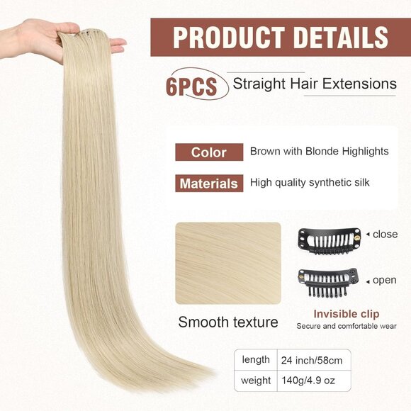 New 6PC Clip-in Hair Extensions 24" Long Straight Synthetic - Platinum Blonde - Picture 2 of 5
